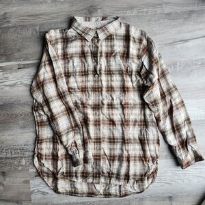 Brown Tan Plaid Flannel Shirt Womens Small Button Down 2 Pocket